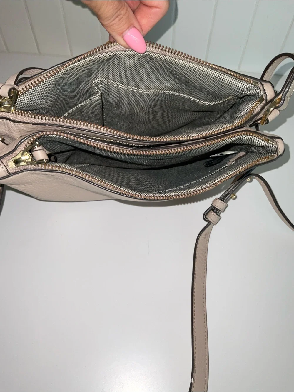 Vince Camuto Pebbled Leather Crossbody in Taupe